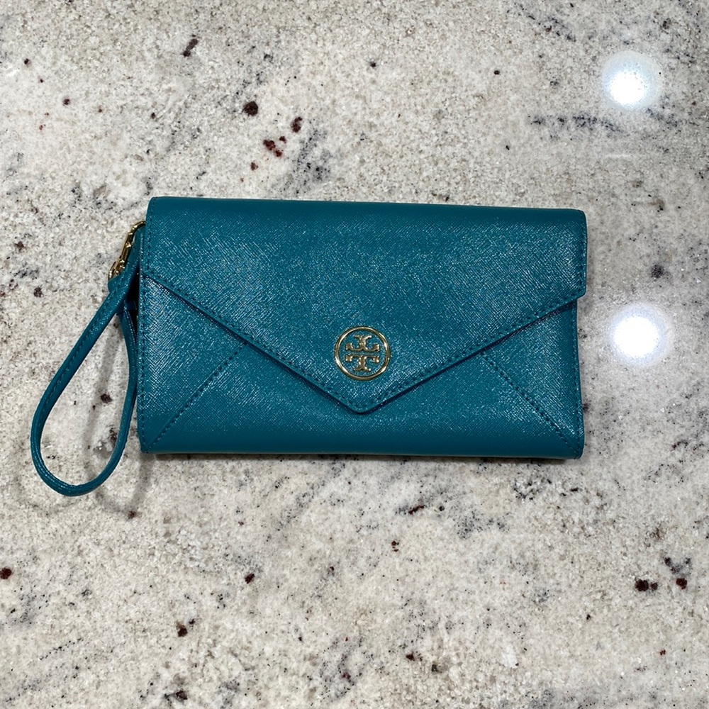Teal Tory Burch clutch wallet purse